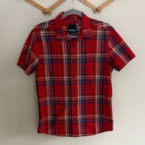 PrAna Men's Small Red Plaid Organic Cotton Blend Short Sleeve Button Shirt